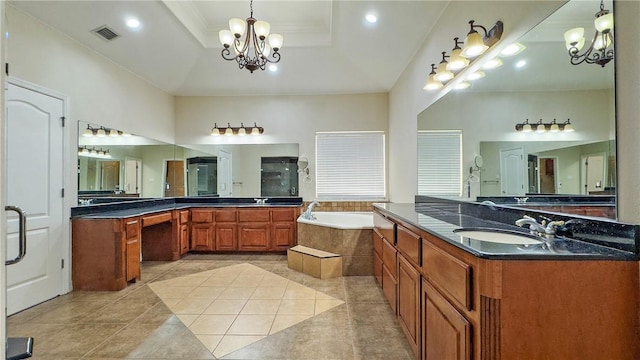 4 E Bar Le Doc Dr, Corpus Christi, TX 78414 - full bath featuring a chandelier, a garden tub, two vanities, tile patterned floors, and recessed lighting