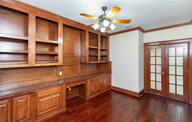 4 E Bar Le Doc Dr, Corpus Christi, TX 78414 - unfurnished office featuring built in study area, french doors, ornamental molding, dark wood-style floors, and ceiling fan
