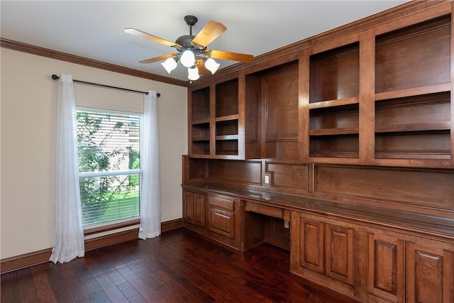 4 E Bar Le Doc Dr, Corpus Christi, TX 78414 - unfurnished office with built in study area, crown molding, ceiling fan, and dark wood-style flooring