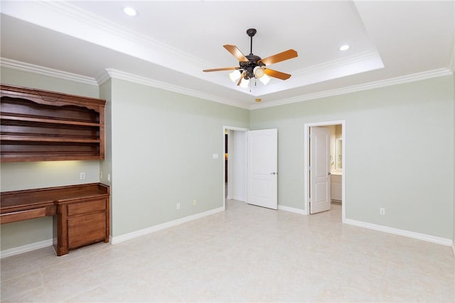 4 E Bar Le Doc Dr, Corpus Christi, TX 78414 - unfurnished bedroom featuring a tray ceiling, crown molding, recessed lighting, ceiling fan, and built in desk