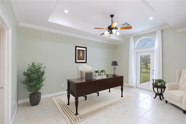 4 E Bar Le Doc Dr, Corpus Christi, TX 78414 - office featuring a ceiling fan, crown molding, light tile patterned floors, and recessed lighting