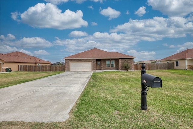 ranch-style house featuring a garage and a front lawn