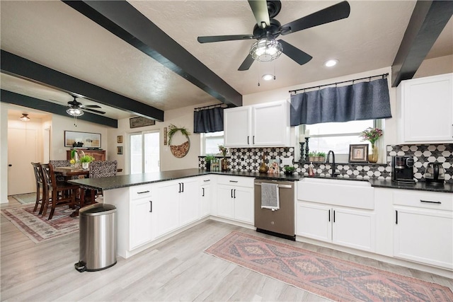 kitchen with dishwasher, sink, white cabinets, and kitchen peninsula