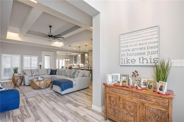 6401 Kobe Dr, Corpus Christi, TX 78414 - living area with ceiling fan, coffered ceiling, beam ceiling, and light wood finished floors