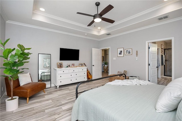 6401 Kobe Dr, Corpus Christi, TX 78414 - bedroom featuring a raised ceiling, light wood-style flooring, crown molding, recessed lighting, and ceiling fan