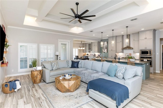 6401 Kobe Dr, Corpus Christi, TX 78414 - living area featuring ceiling fan, recessed lighting, light wood-type flooring, beamed ceiling, and coffered ceiling