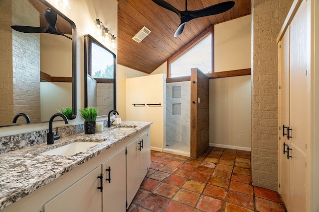 bathroom with walk in shower, vanity, ceiling fan, wooden ceiling, and lofted ceiling