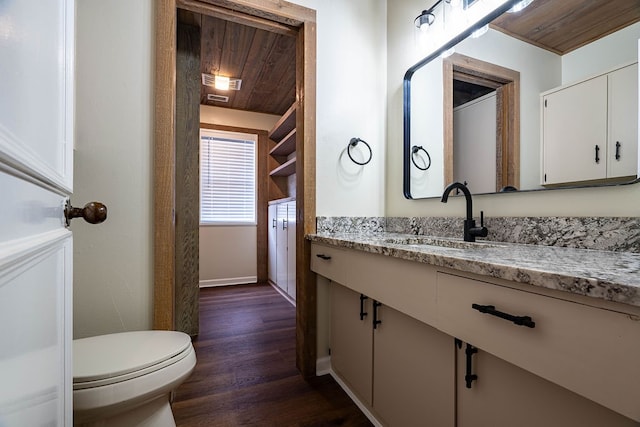 bathroom with toilet, vanity, wood ceiling, and hardwood / wood-style flooring