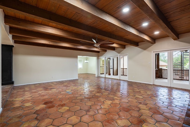 unfurnished living room featuring ceiling fan, french doors, beamed ceiling, and wood ceiling