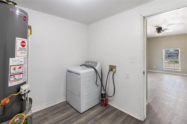 4513 Green Grove Dr, Corpus Christi, TX 78415 - washroom with water heater, washer / dryer, wood finished floors, and ceiling fan