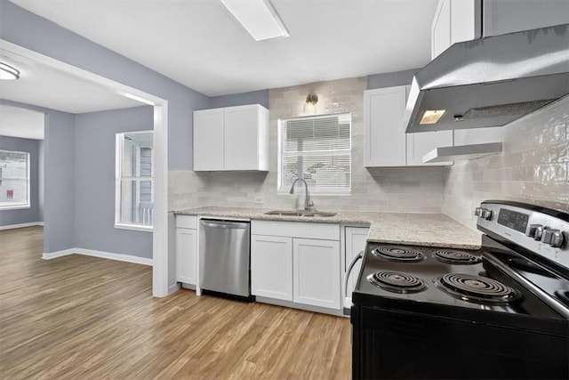 741 Lansdown Dr, Corpus Christi, TX 78412 - kitchen with range with electric cooktop, dishwasher, range hood, and white cabinets