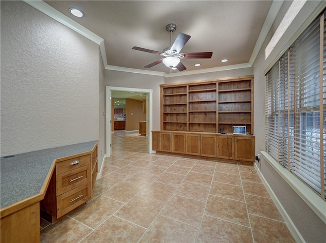 tiled office featuring ceiling fan and ornamental molding