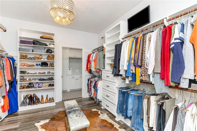 walk in closet featuring dark hardwood / wood-style flooring and an inviting chandelier