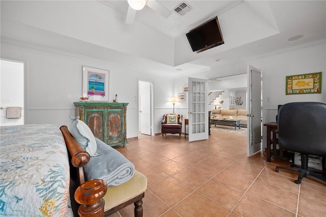 bedroom with ceiling fan, ornamental molding, french doors, and tile patterned flooring