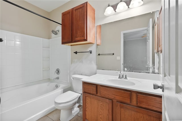 full bathroom with tile patterned flooring, vanity, shower / tub combination, and toilet