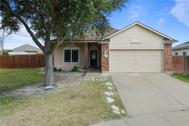 ranch-style home featuring a garage and a front yard