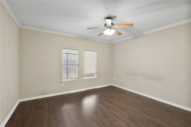 spare room featuring hardwood / wood-style floors, ceiling fan, and crown molding