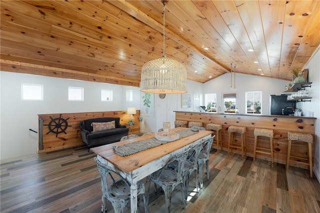 dining space with wooden ceiling, vaulted ceiling, and hardwood / wood-style flooring