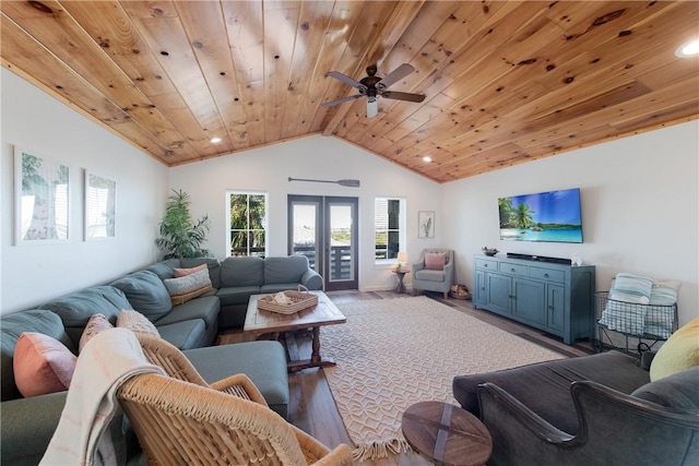 living room with vaulted ceiling, ceiling fan, and wooden ceiling