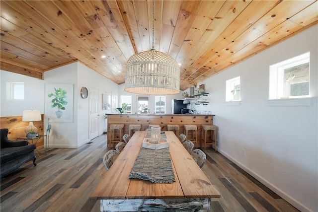 dining space featuring lofted ceiling, plenty of natural light, and wooden ceiling