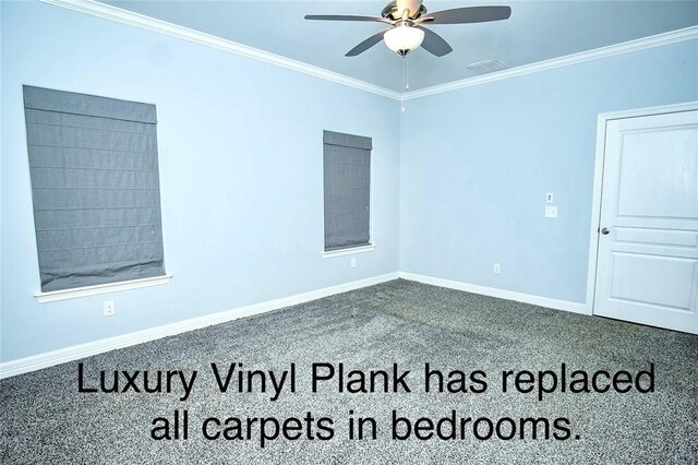 15414 Dyna St, Corpus Christi, TX 78418 - spare room featuring ceiling fan, ornamental molding, and carpet