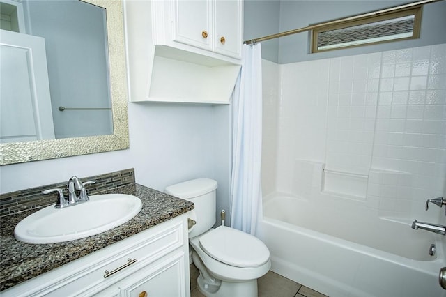 15414 Dyna St, Corpus Christi, TX 78418 - bathroom featuring shower / bath combo with shower curtain, vanity, backsplash, and tile patterned floors