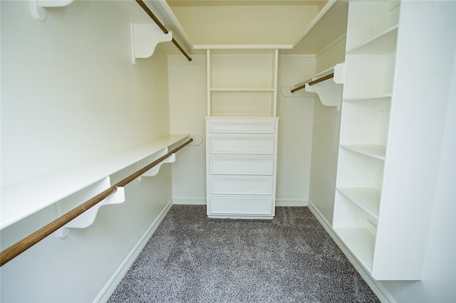 walk in closet with dark colored carpet