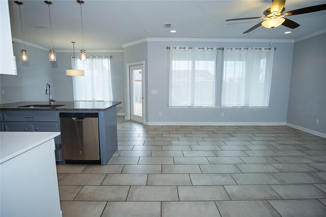 kitchen featuring crown molding, decorative light fixtures, sink, stainless steel dishwasher, and ceiling fan