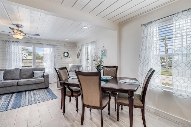 dining room with wooden ceiling and ceiling fan