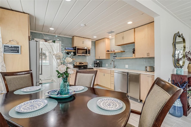 kitchen featuring sink, wood ceiling, light brown cabinets, and appliances with stainless steel finishes