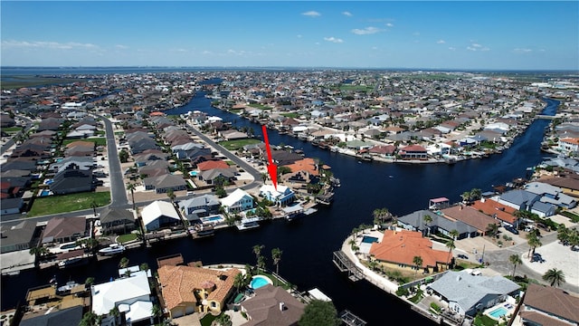 drone / aerial view featuring a water view