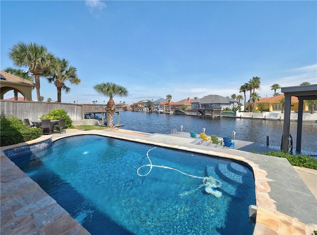 view of pool featuring a boat dock and a water view