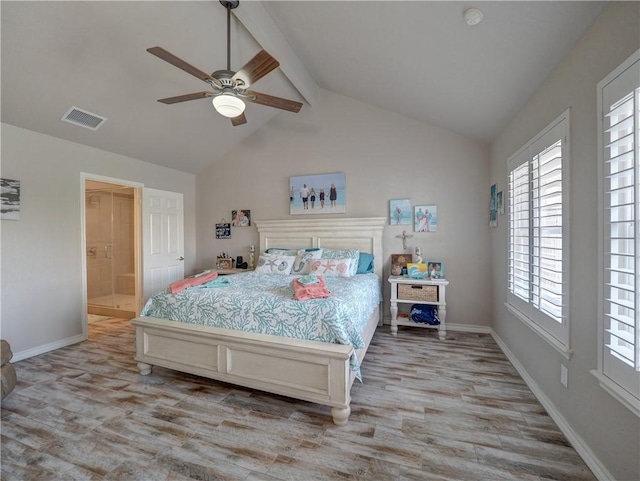 bedroom featuring light hardwood / wood-style flooring, lofted ceiling with beams, and ceiling fan