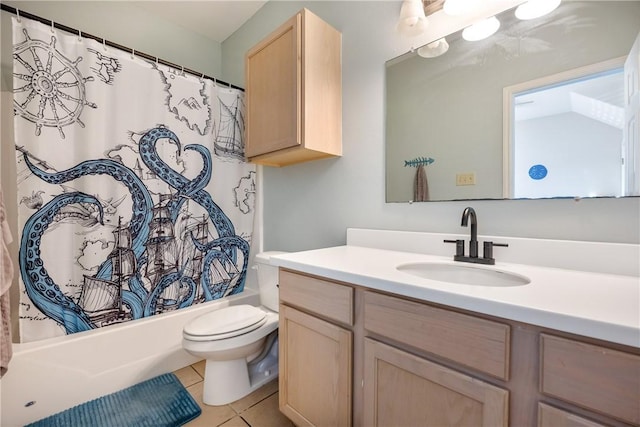 full bathroom featuring toilet, tile patterned flooring, shower / tub combo with curtain, and vanity