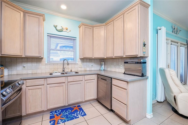 kitchen featuring ornamental molding, light brown cabinets, a sink, range with electric cooktop, and dishwasher