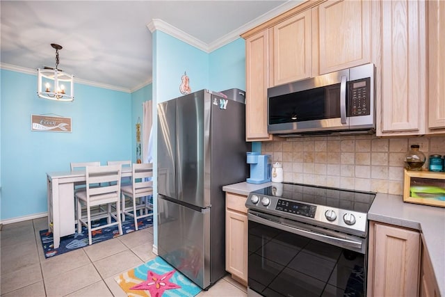 kitchen with light tile patterned floors, decorative backsplash, light brown cabinetry, appliances with stainless steel finishes, and ornamental molding