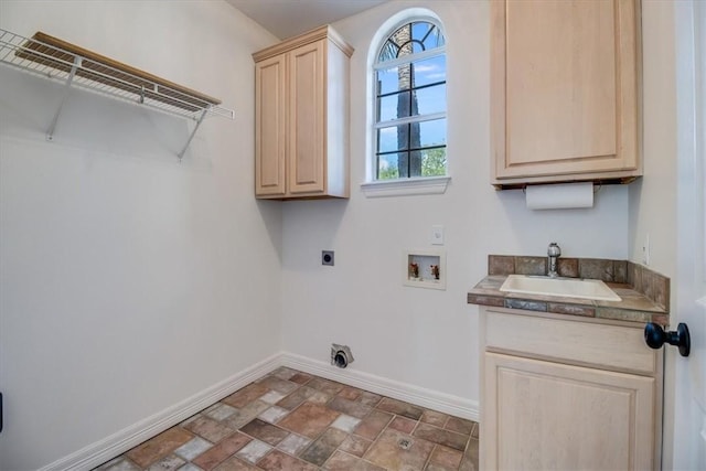 6302 Grandvilliers Dr, Corpus Christi, TX 78414 - washroom with electric dryer hookup, hookup for a washing machine, cabinet space, and stone finish flooring