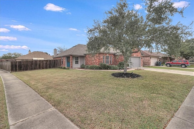 view of front of house with a garage, driveway, fence, a front lawn, and brick siding