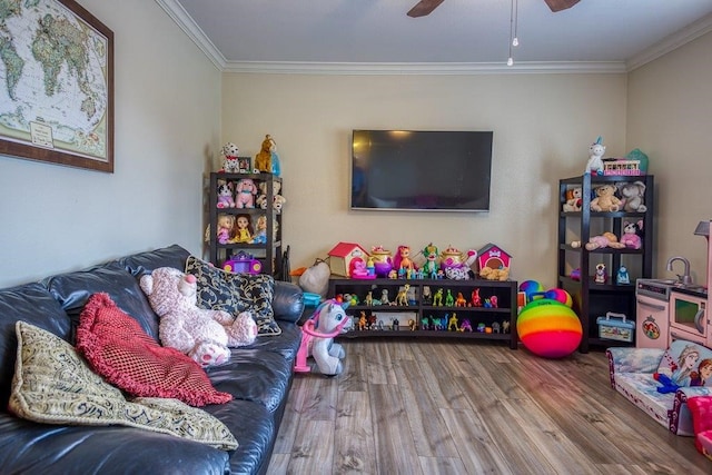 324 Nicklaus Dr, Portland, TX 78374 - game room featuring crown molding, ceiling fan, and hardwood / wood-style floors