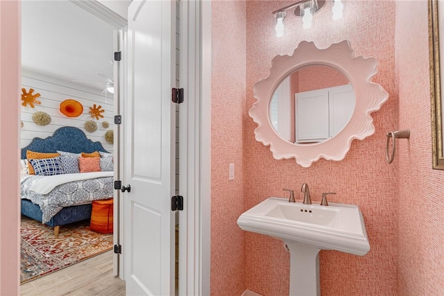 bathroom with hardwood / wood-style flooring