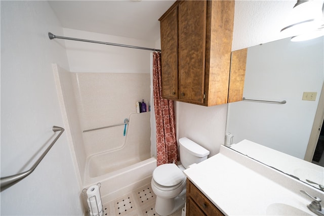 full bathroom with vanity, toilet, and shower / bathtub combination with curtain