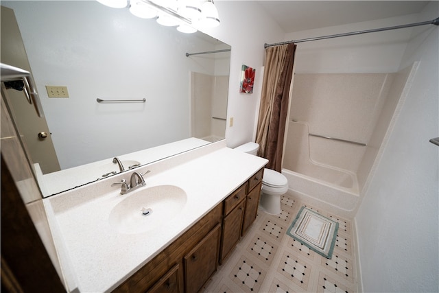 full bathroom featuring vanity, shower / bath combination with curtain, and toilet