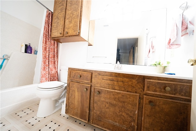 full bathroom featuring vanity, shower / tub combo, and toilet