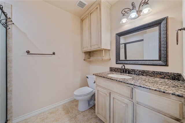 bathroom with visible vents, baseboards, toilet, tile patterned floors, and vanity