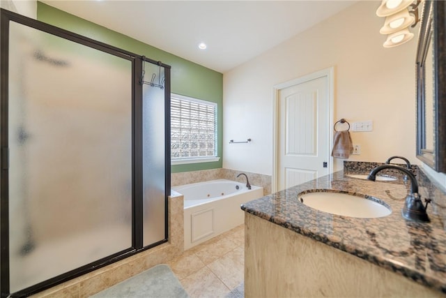 full bathroom with recessed lighting, vanity, a whirlpool tub, a stall shower, and tile patterned flooring