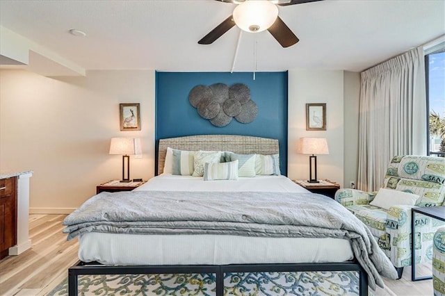 bedroom featuring ceiling fan and light wood-type flooring