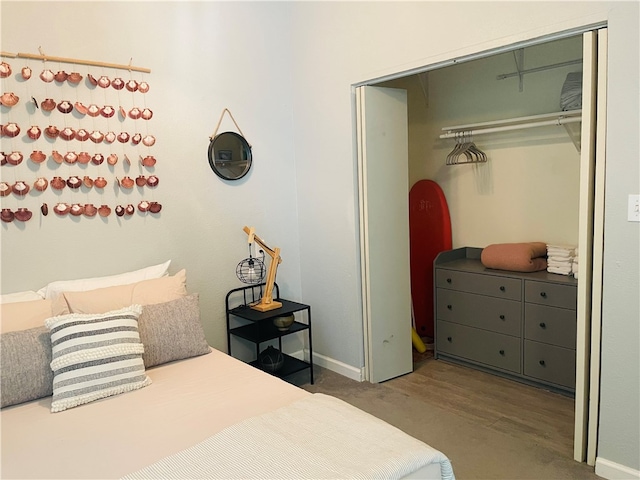 bedroom featuring wood-type flooring and a closet