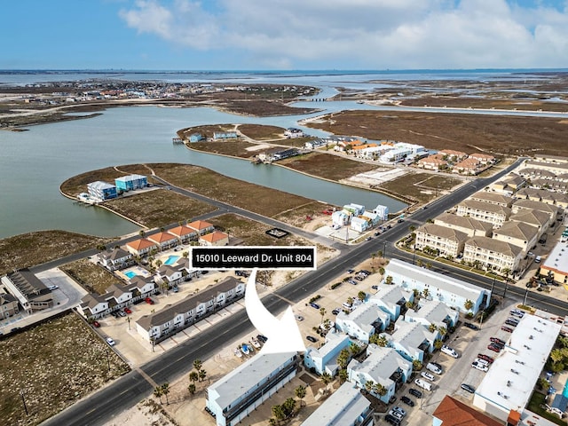 drone / aerial view with a water view