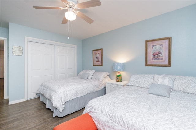 bedroom featuring a closet, hardwood / wood-style floors, and ceiling fan