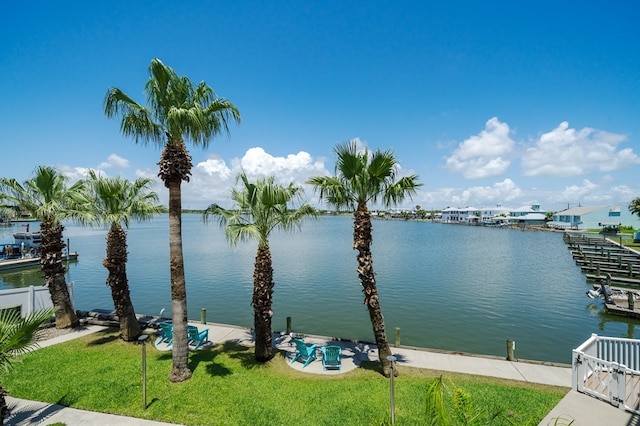 water view featuring a dock